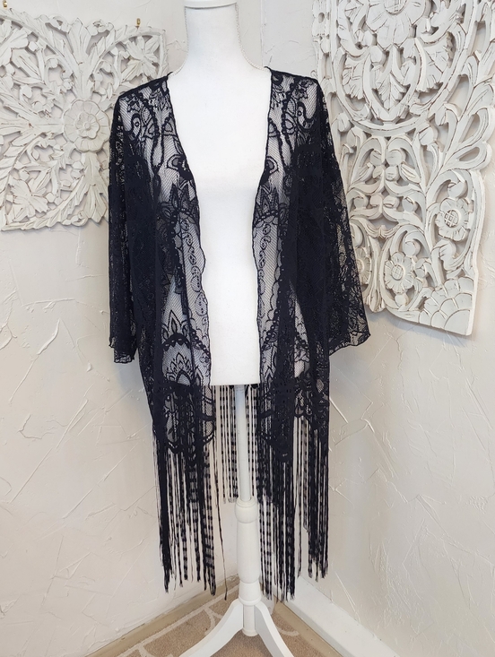 Tops - Black Lace Fringe Kimono Cover Up